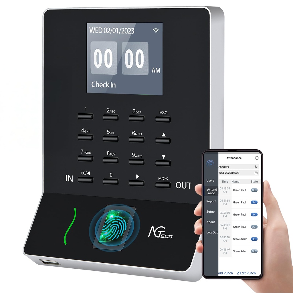 NGTeco Fingerprint clocking in machine for Small Business WiFi Time Card Machine, Office