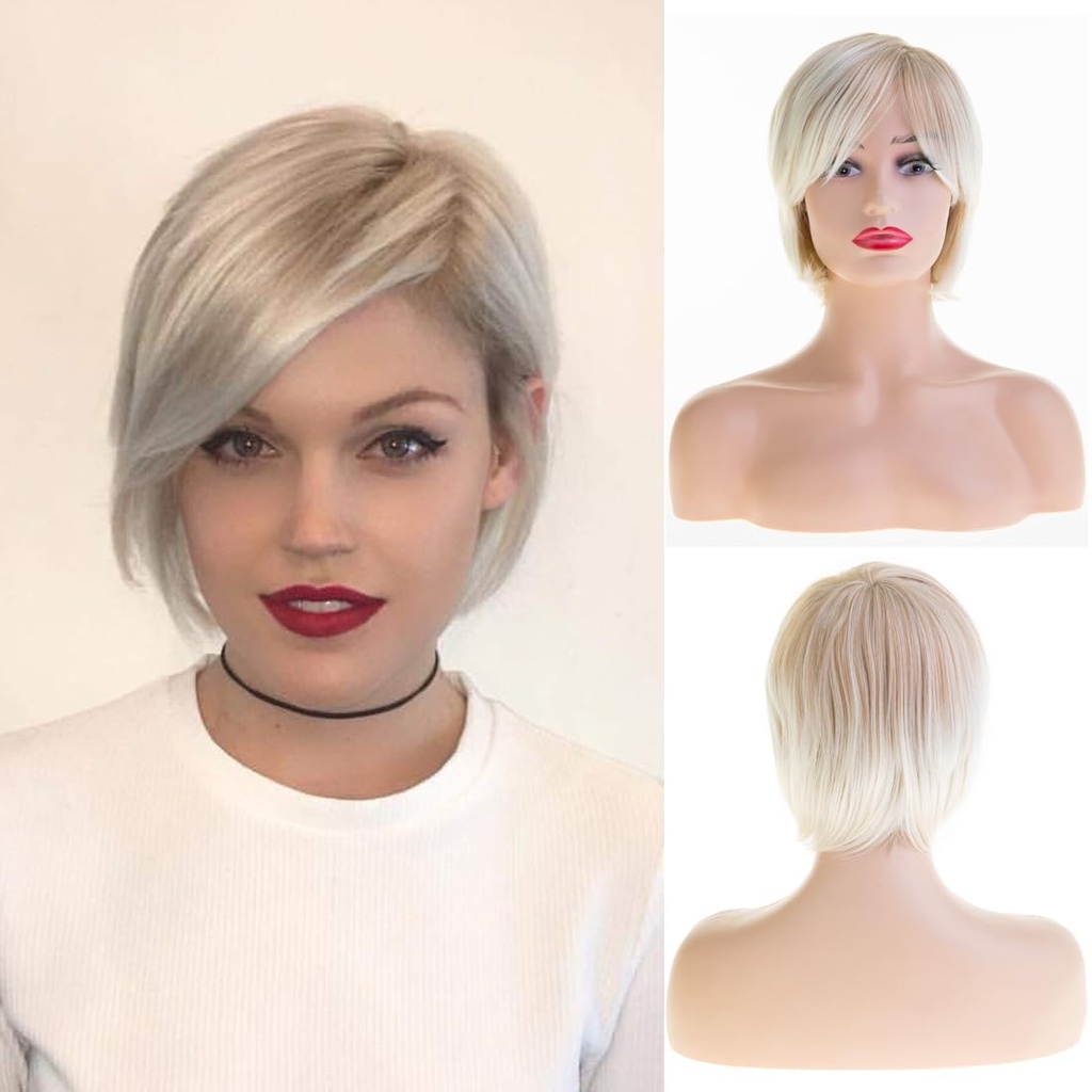 Baruisi Short Blonde Wigs for White Women Synthetic Side Part Straight Bob Wig Halloween Pa