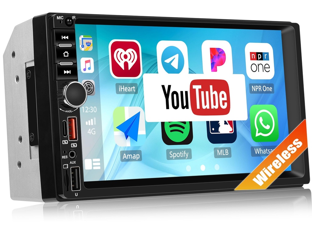 SIXTOP Double Din Car Stereo with Wireless Carplay Android Auto, YouTube App, 7" IPS Touchs