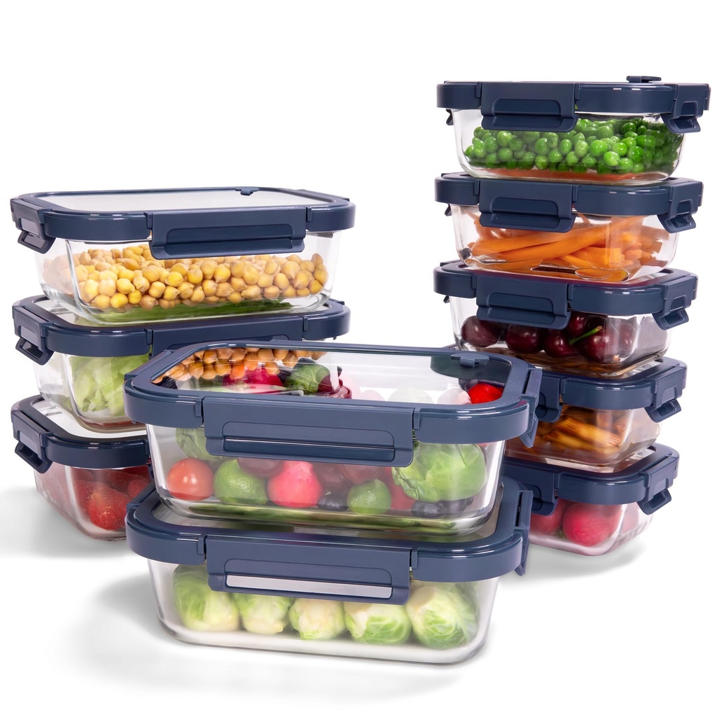 BOROHOUSE 10-Pack Glass Food Storage Containers with Tempered Lids Borosilicate, Airtight, Oven-Safe, BPA-Free,1040ml& 370ml, Leak-Proof, Dishwasher Safe