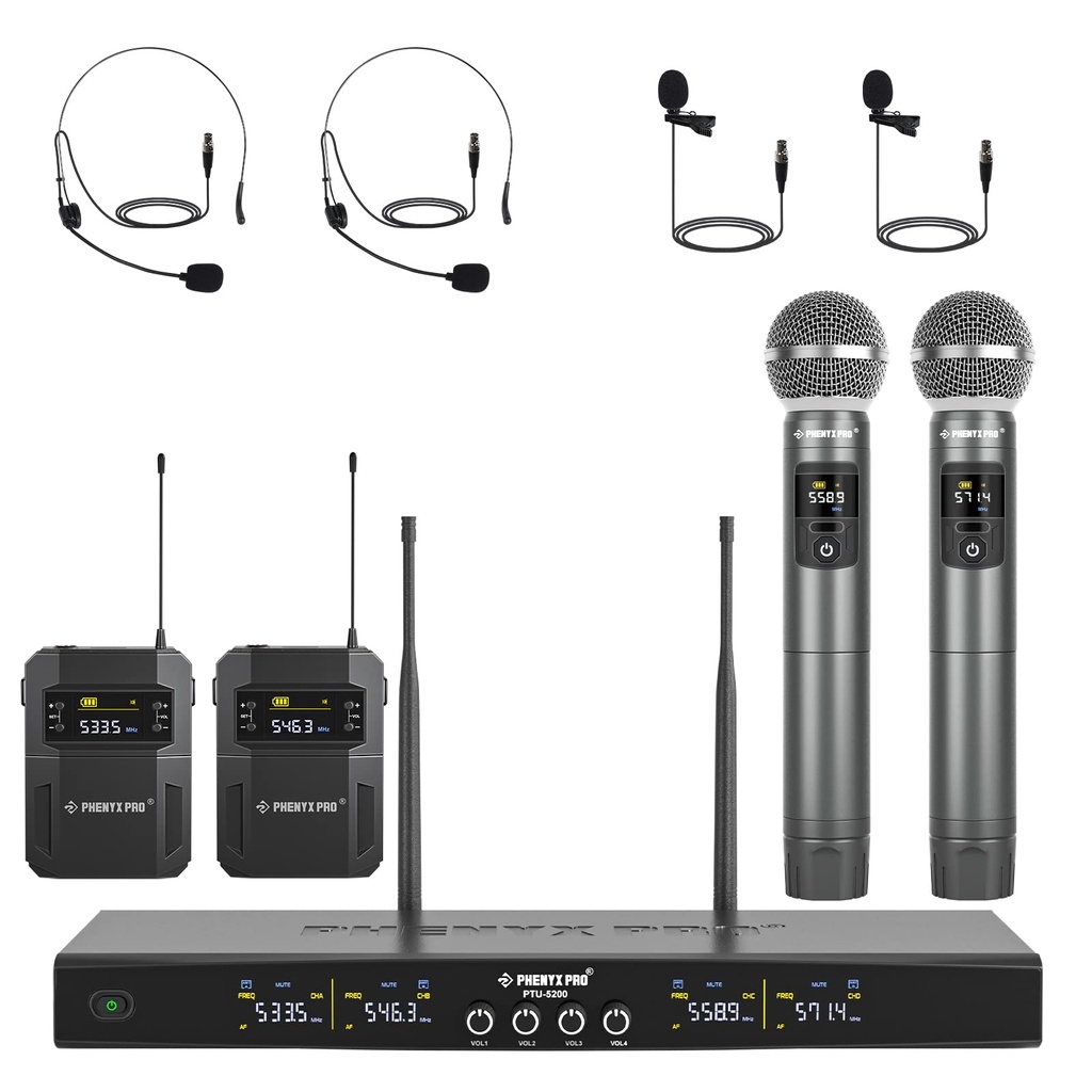 Phenyx Pro Wireless Microphone System, 4-Channel Wireless Mic Set with Handheld/Bodypack/He