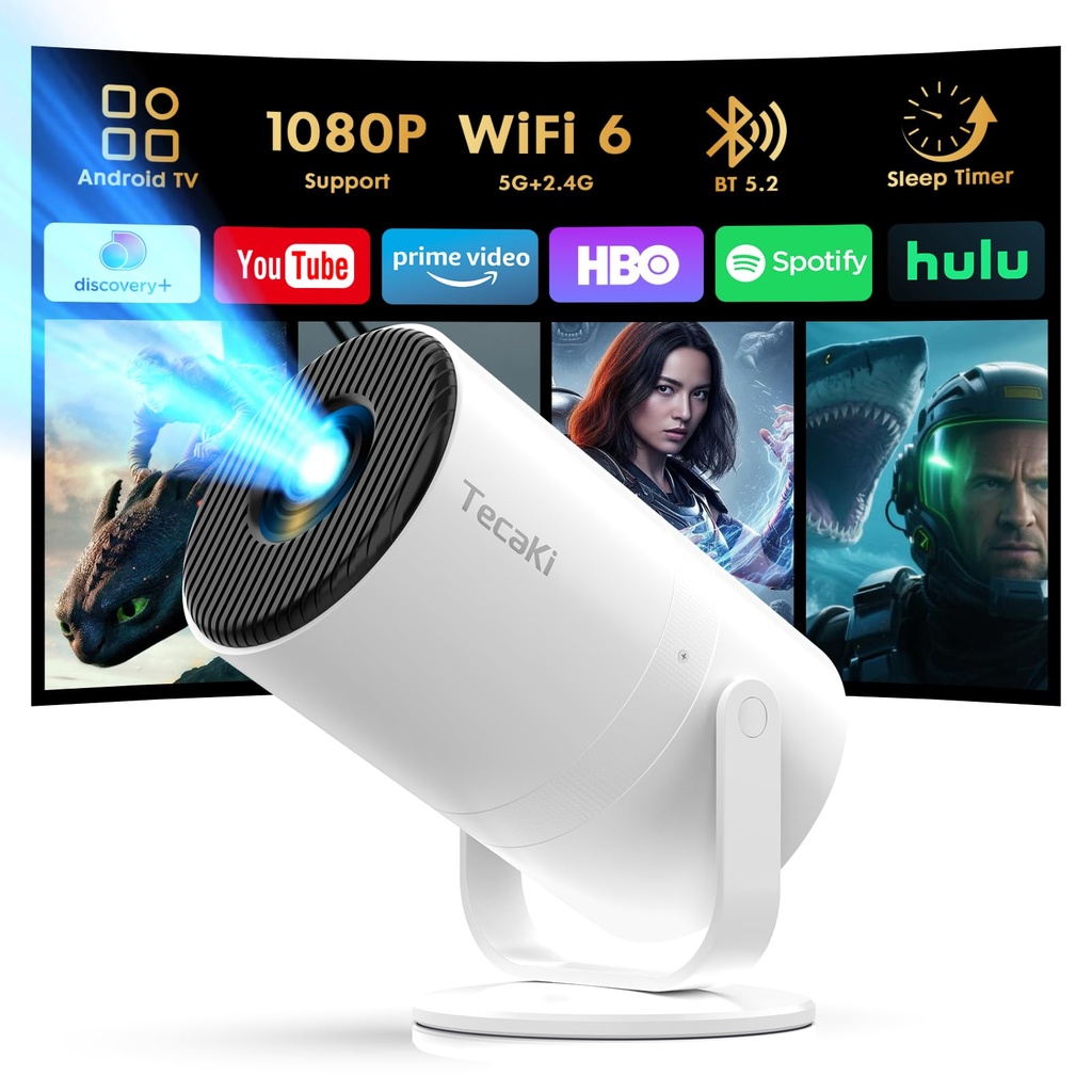 Android 14 & Built-in Apps Tecaki Mini Projector with WiFi 6 and Bluetooth 5.2,