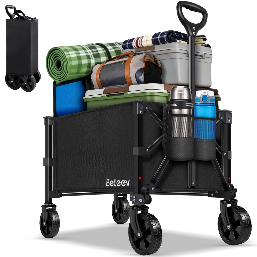 BELEEV 90L Folding Festival Trolley on Wheels, Heavy Duty Camping Cart Trolley Wagon with A