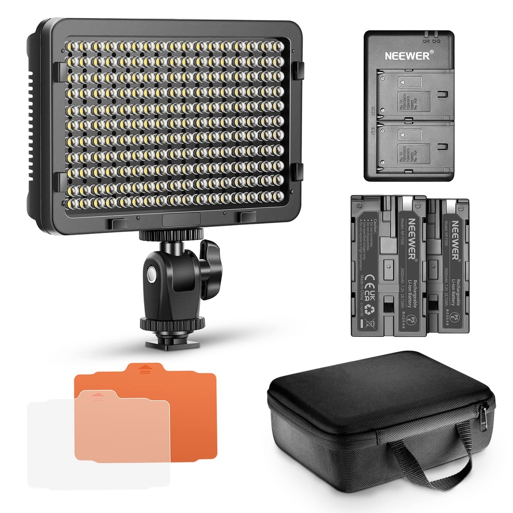 Neewer Dimmable 176 LED Video Light Lighting Kit: 176 LED Panel 3200-5600K, 2 Pieces Rechar