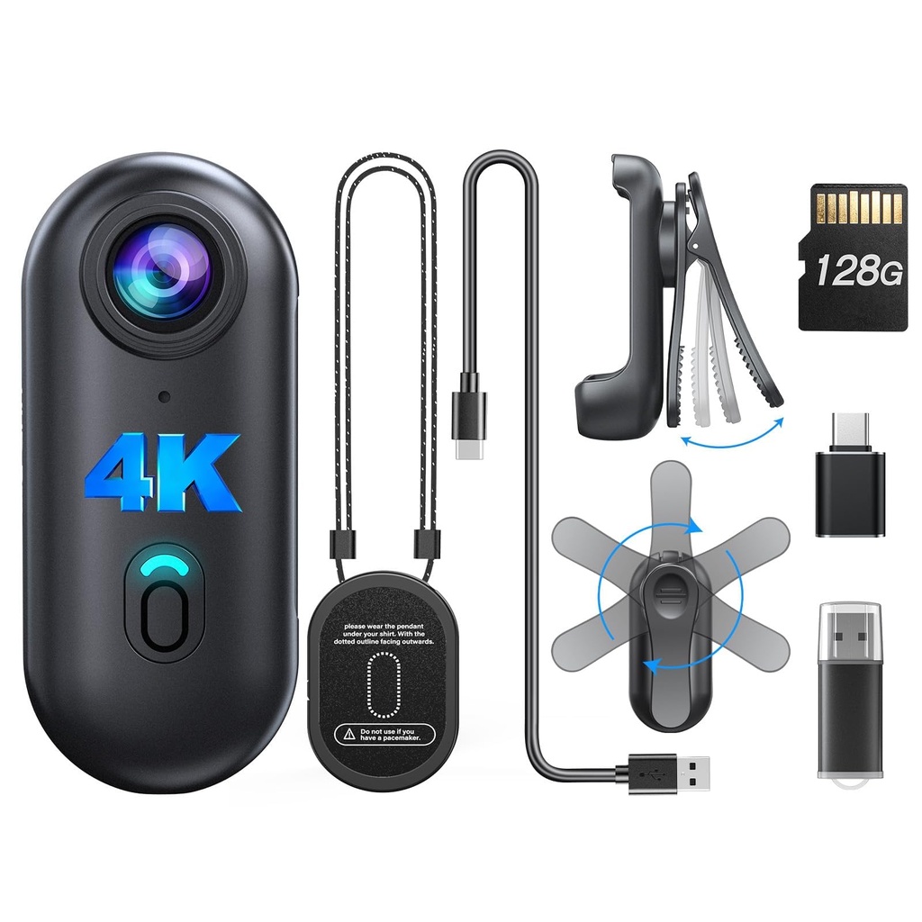 BOBLOV W4 4K Body Camera, Wearable 128GB Body Cam with 360Ã‚Â°Rotate Clip & Magnetic Clip, 1
