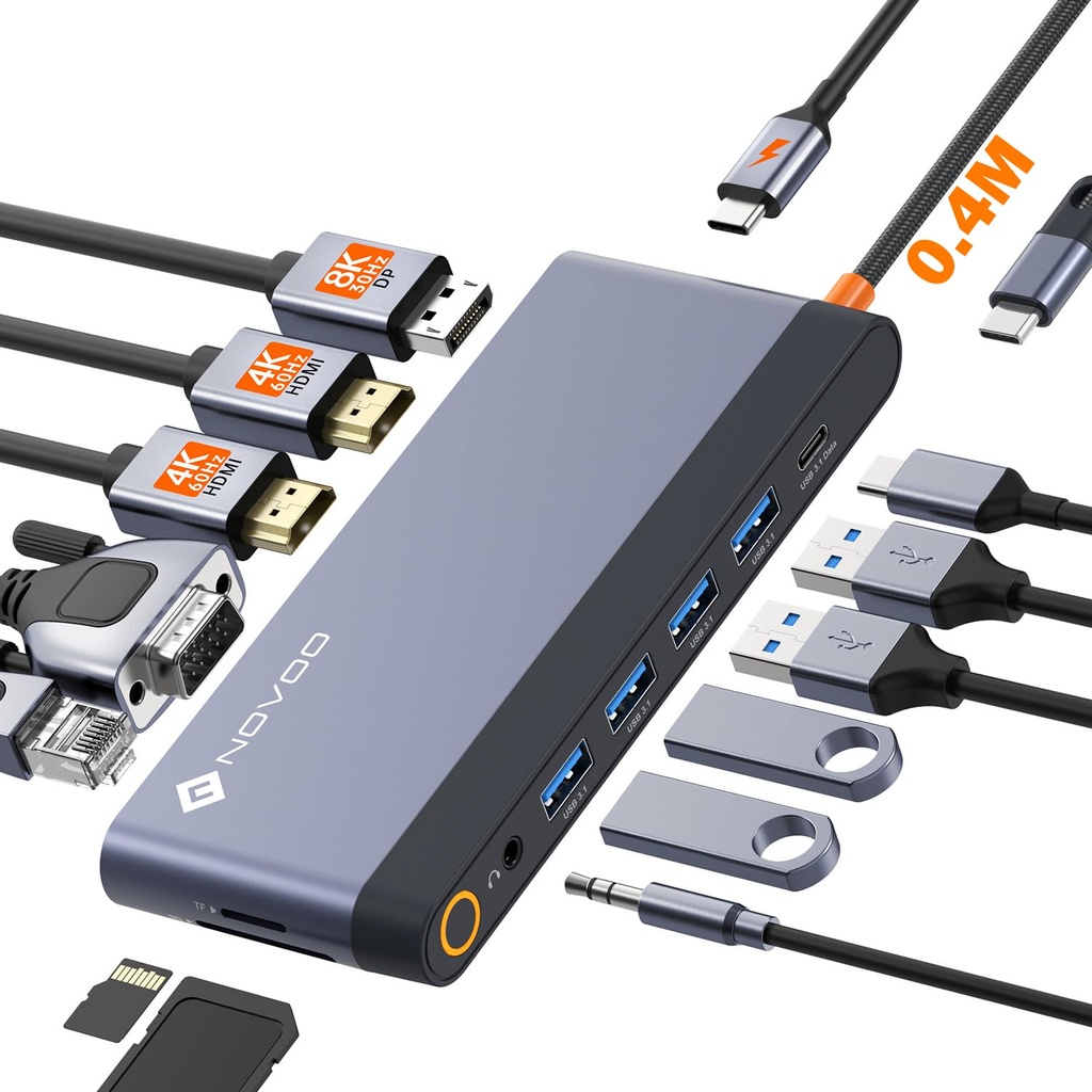 USB C Docking Station Quad Display, 14-in-1 Laptop Docking Station Dual Monitor, 8K@30Hz DP