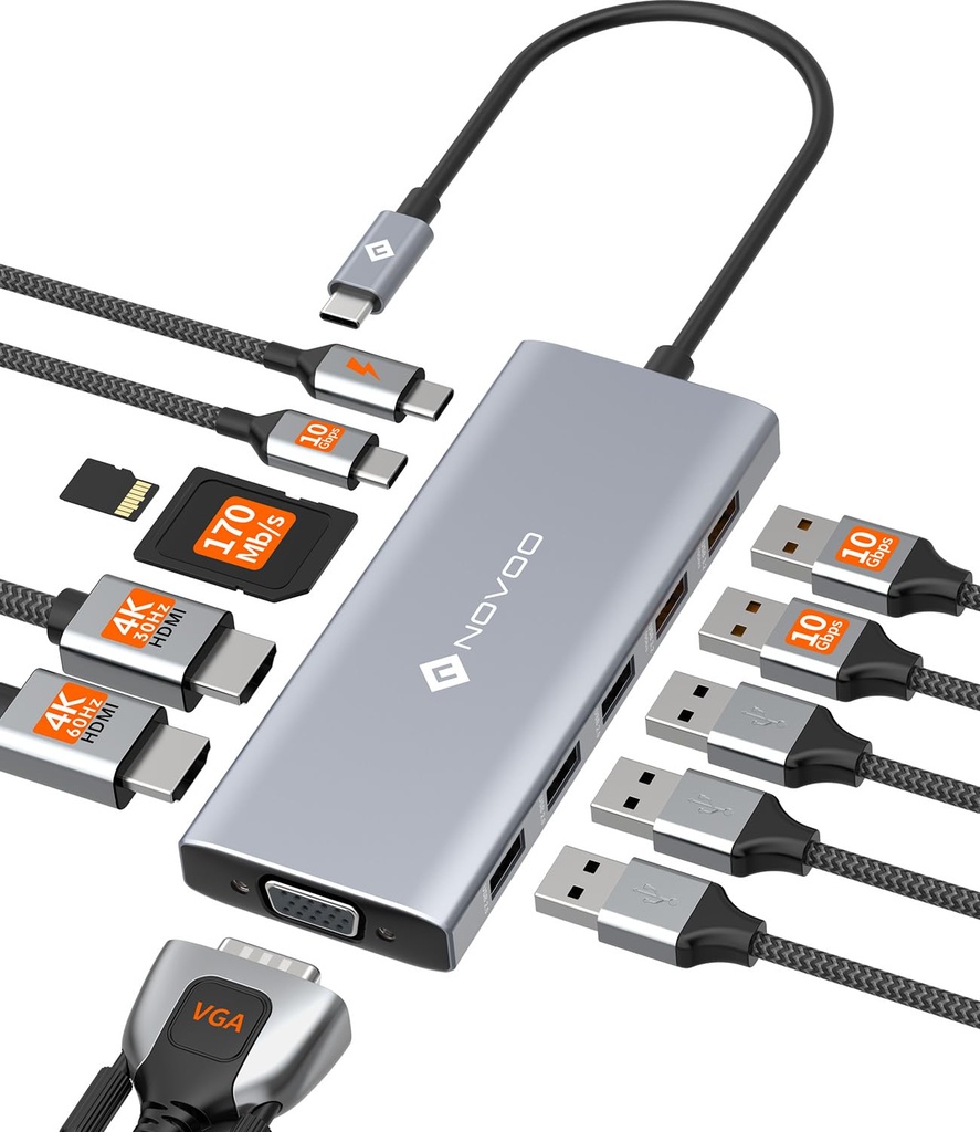 NOVOO 12 in 1 Docking Station, USB C Dock Triple Display Multi-Port Dongle USBC Hub with Du