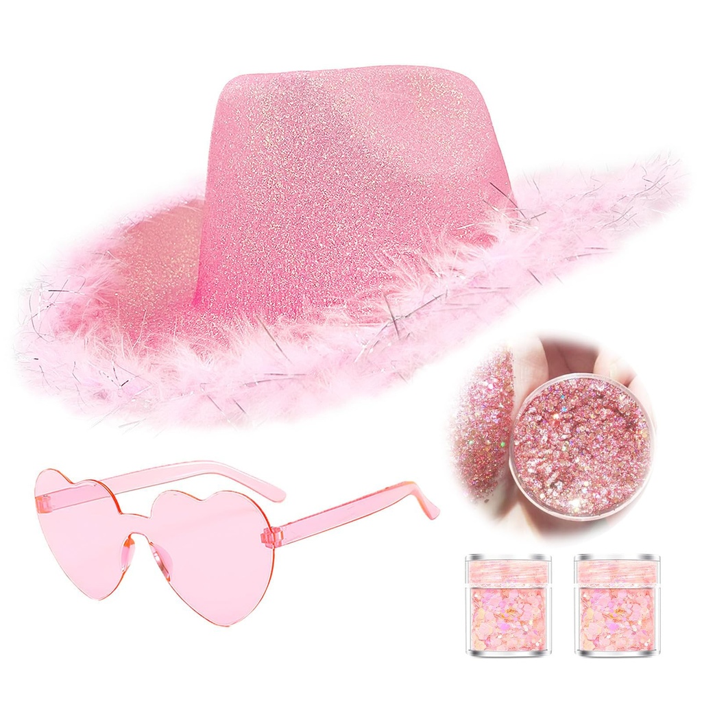 SHENYI Glitter Cowgirl Hat with Heart Sunglasses Body Glitter Face Glitter Cowboy Hat for W