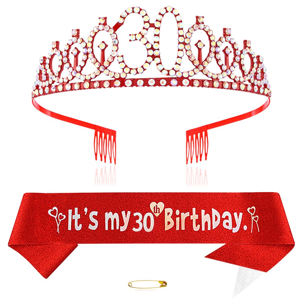 Red 30th Birthday Tiara Sash for Girls Princess Crown Crystal Queen Tiara Birthday Headband
