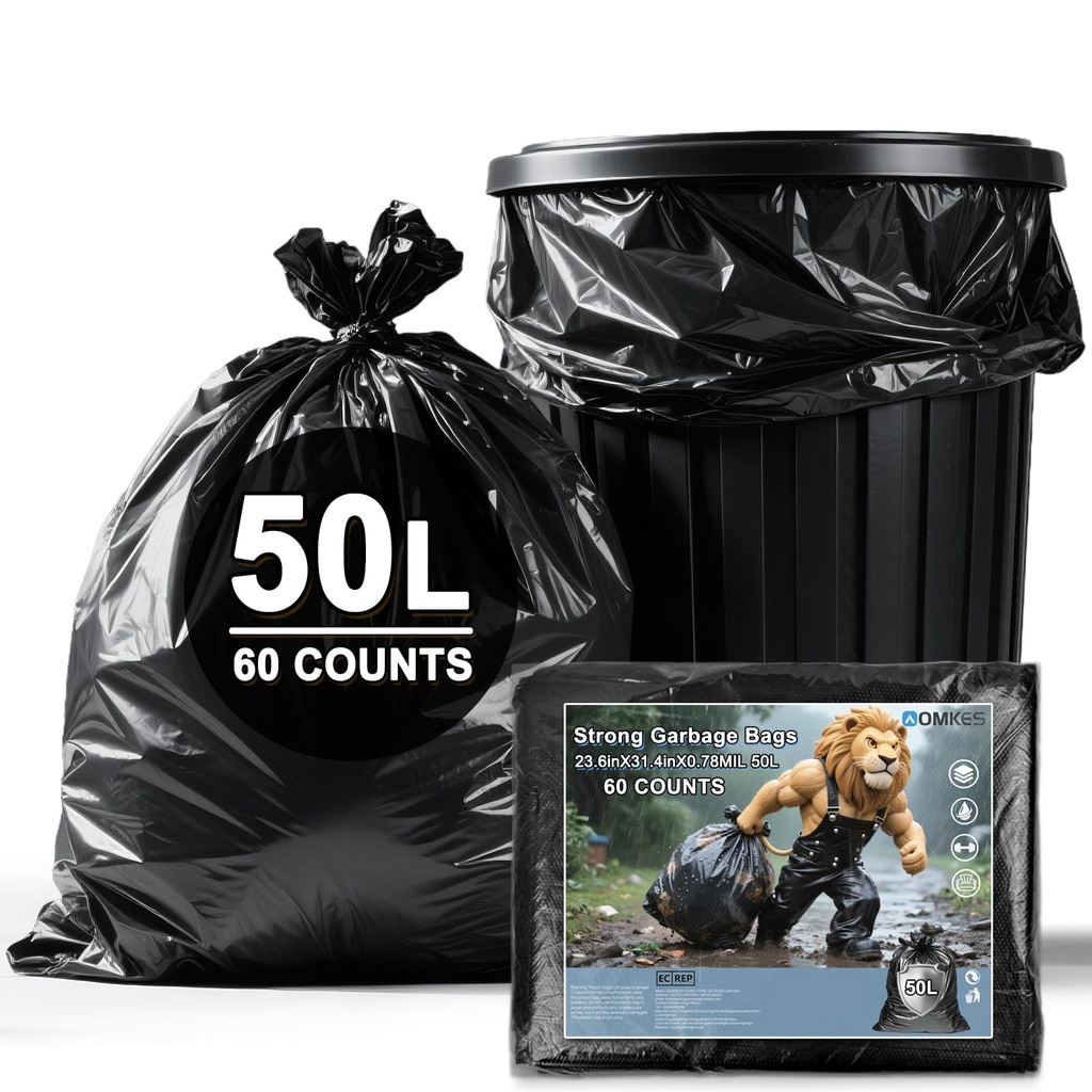 Heavy Duty Bin Bags 50 Litre Black,60x80cm Strong Black Refuse Sacks, kitchen Trash Bags Le