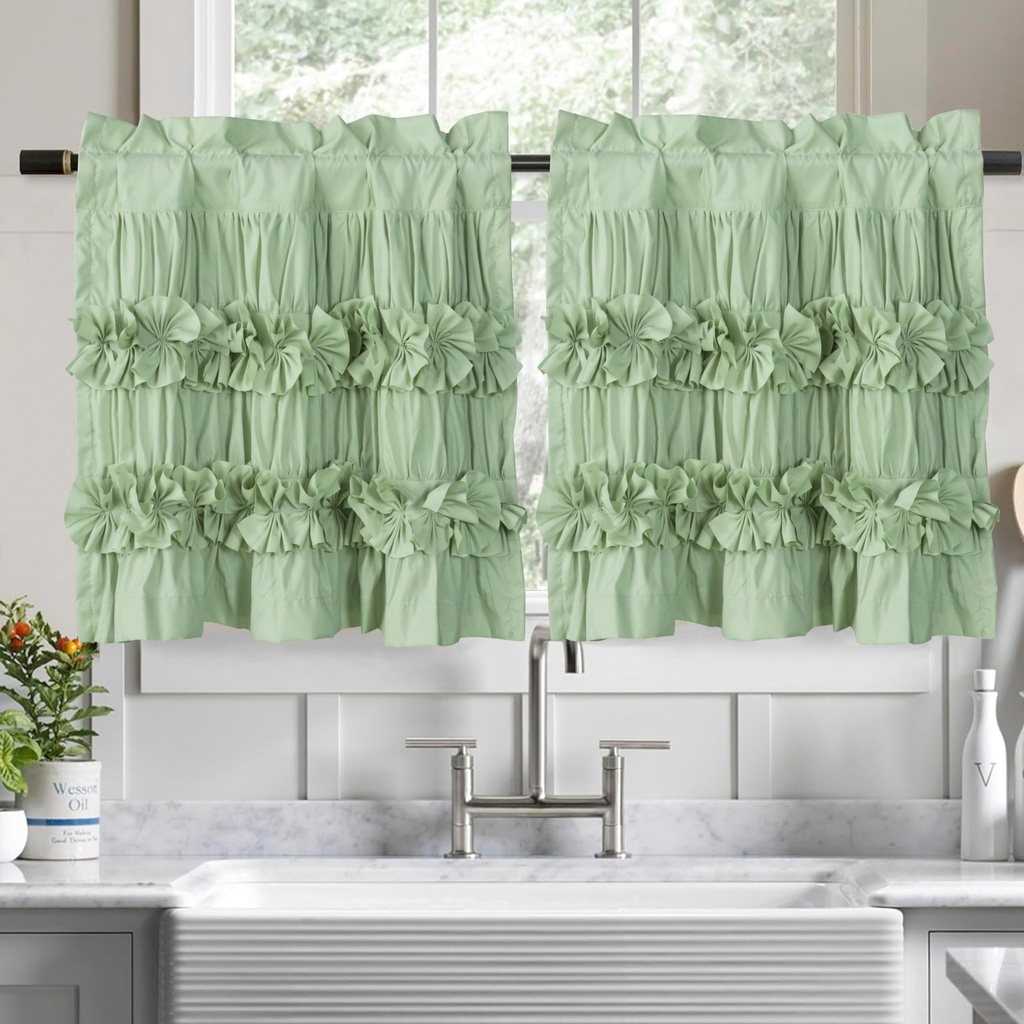 HIG Pack of 2 Sage Green Ruffle Kitchen Curtains Ã¢Â€Â“ Handcrafted Bow Tie Blackout Tier C