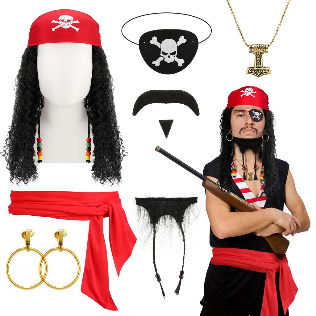 GSrenyu 7 Pcs Pirate Costume Accessories Women Men, Medieval Pirate Bandana, Wig, Beard, Bel
