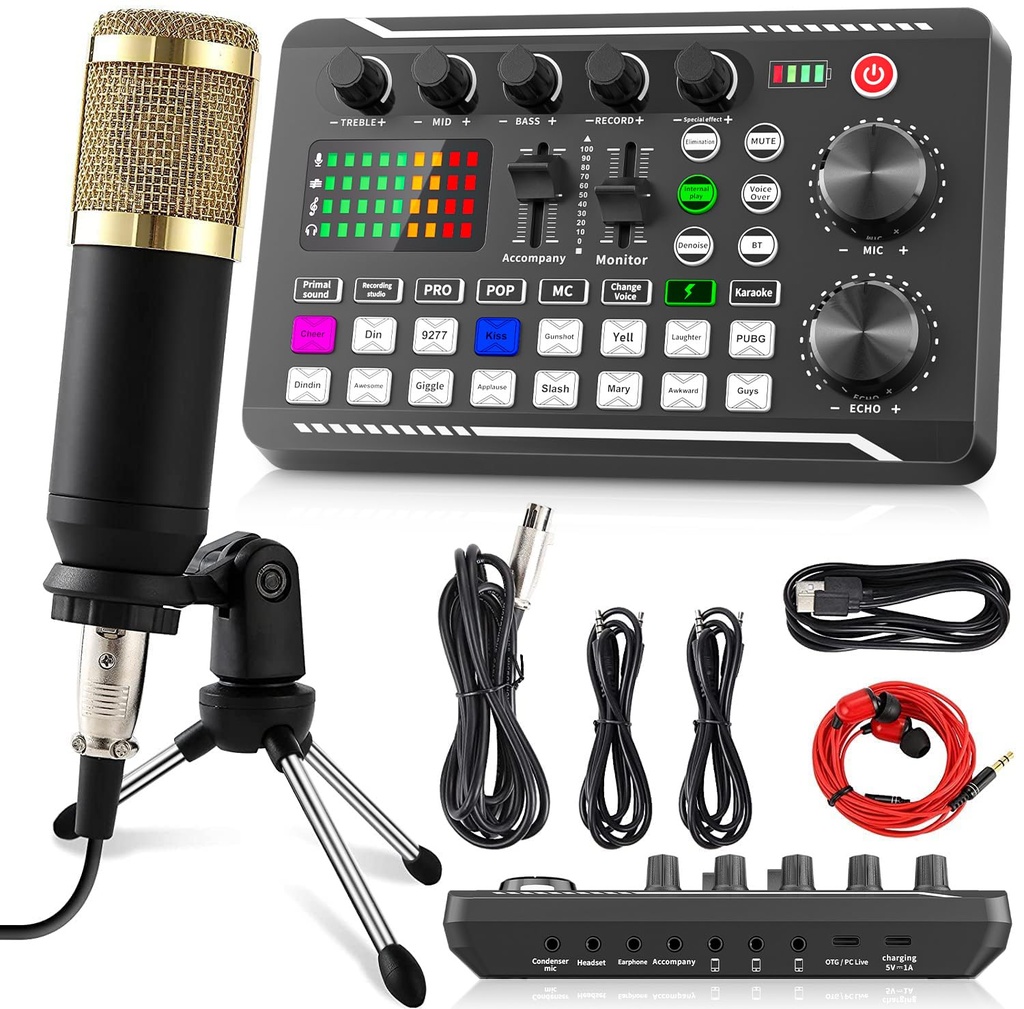 Facmogu F998 Podcast Equipment Bundle, Audio Interface & BM800 Condenser Microphone with Tri