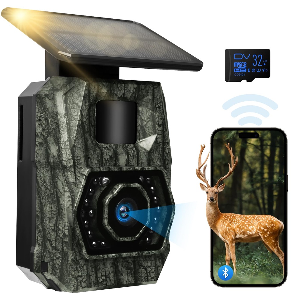 MAXDONE Wildlife Camera WiFi Bluetooth, 48MP 30FPS Solar Trail Camera with Night Vision Moti