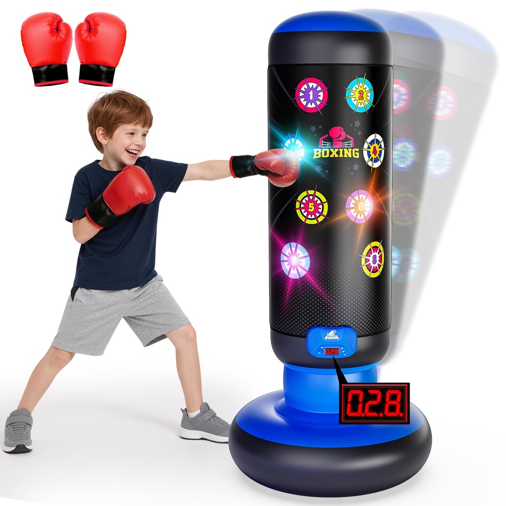 Interactive Punching Bag for Kids, Boxing Bag with Music & Light 4-Mode Game, Inflatable Pu