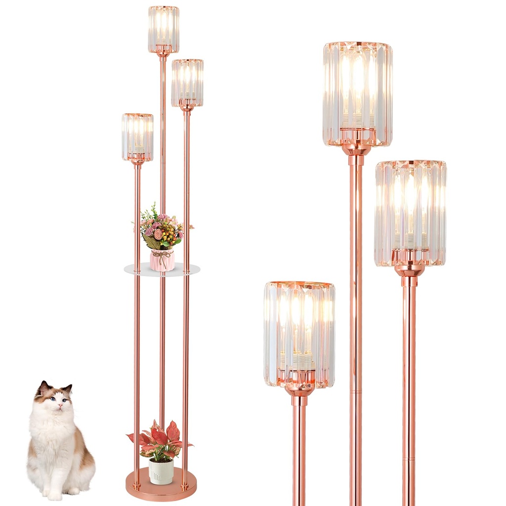 Rayofly Modern Floor Lamp with Shelves, 3-Lights Rose Gold Floor Lamps for Living Room, Cry