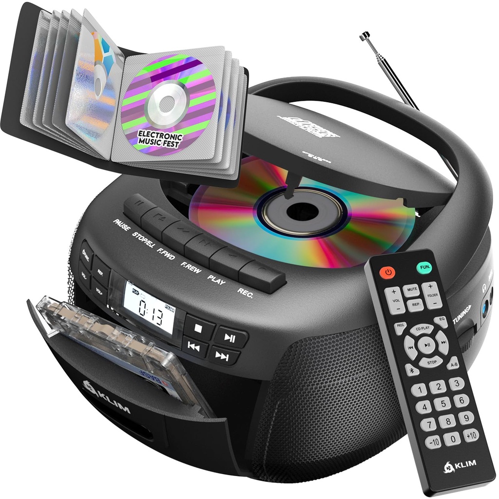 KLIM CD Cassette Player with Case, Bluetooth Boombox, AM/FM Radio, Stereo Sound, Remote, CD