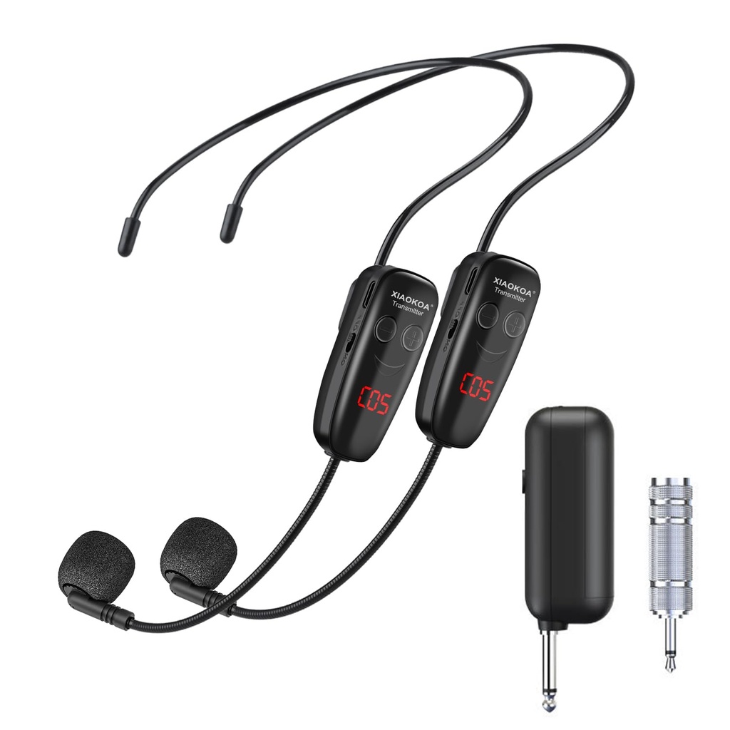 Wireless Microphone Headset, UHF Dual Cordless Microphones System, USB-C Charging, Head Mic