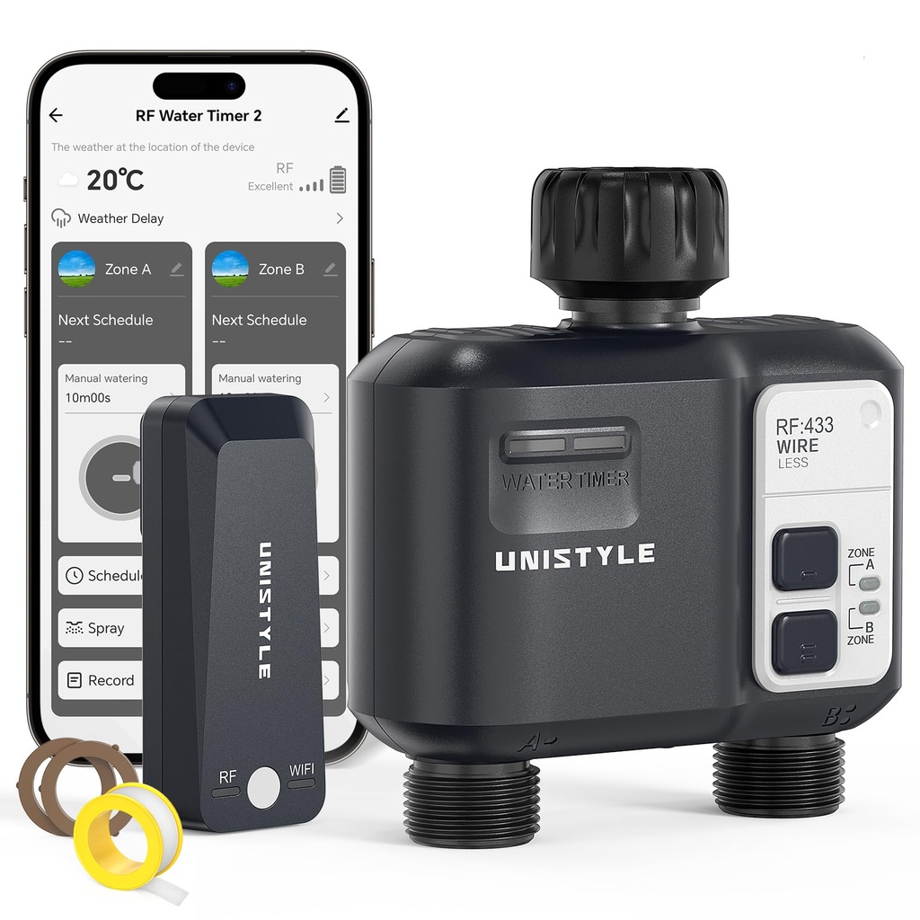 WiFi Water Timer 2 Zones, Unistyle Smart Hose Timer for Sprinkler Irrigation, Automatic Wat