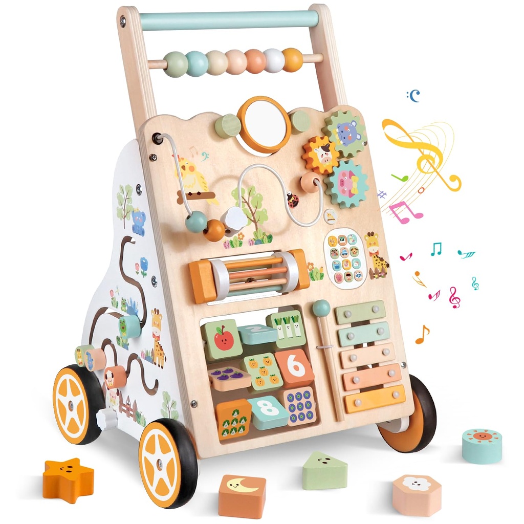 Wooden Baby Walker, Push Walker with Wheels, Montessori Activity Center Walker for Toddlers
