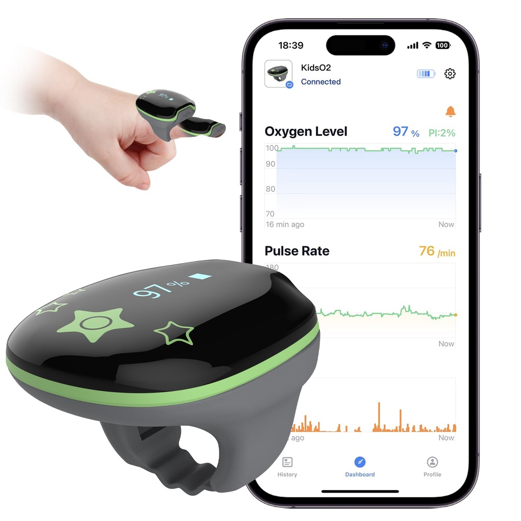Pediatric Wearable Health Monitor KidsO2 Ring, Portable Pulse Oximeter, Bluetooth Children'