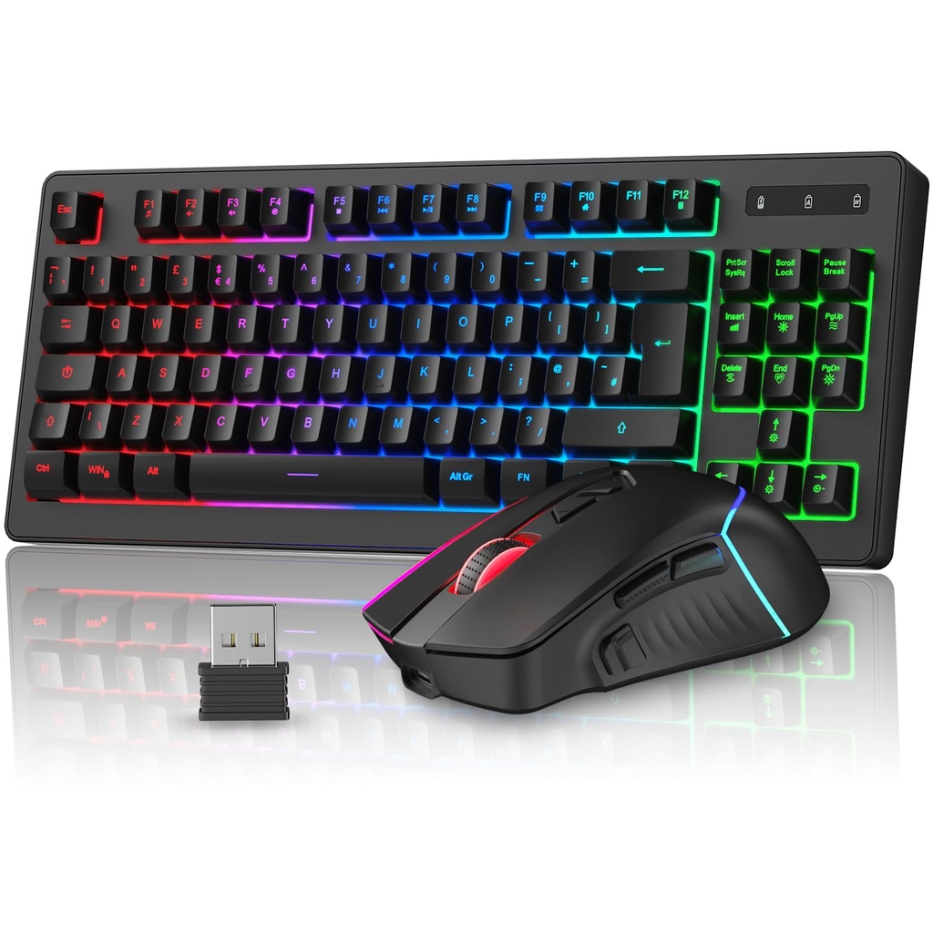 Rewurnth Wireless Gaming Keyboard and Mouse, UK Layout 75% TKL RGB Backlit Keyboard