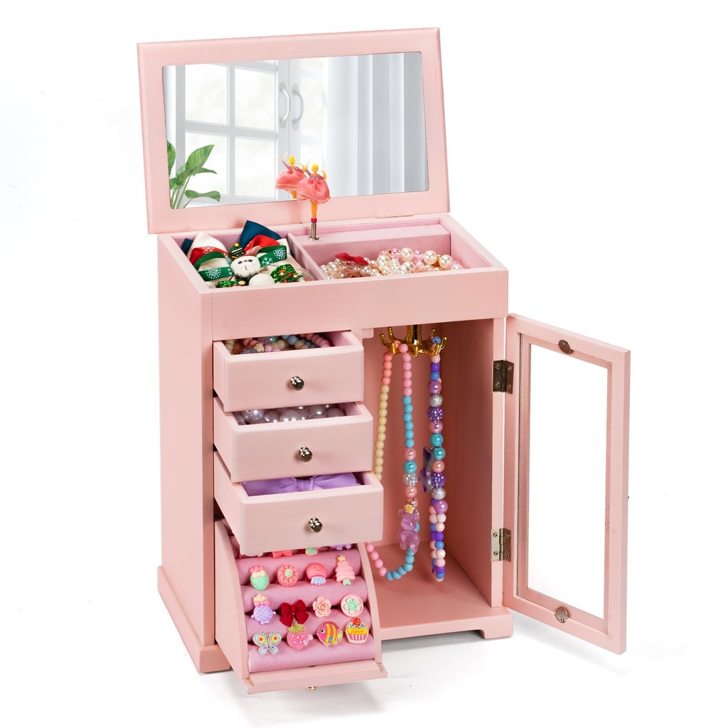 Emfogoo Musical Girls Jewellery Box, Large Wooden Kids Music Box with Spinning Dancer 