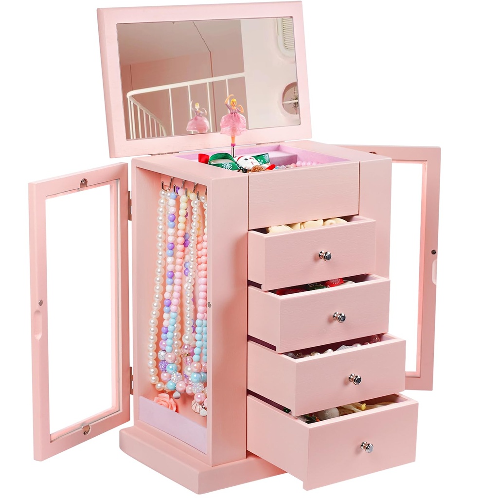 Emfogoo Musical Girls Jewellery Box with Spinning Dancer, 5 Layer Large Wooden Kids Music