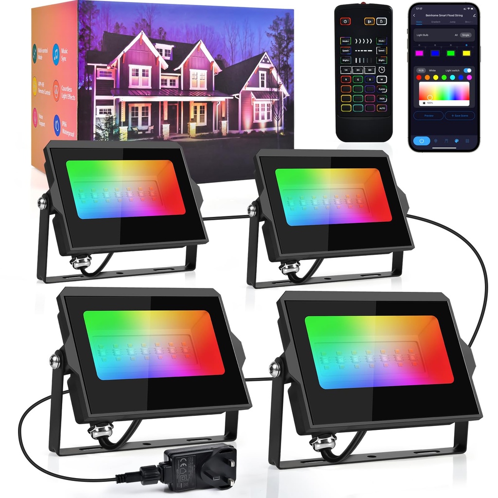 Beinhome 36W LED Floodlights Linkable 4-Pack 4100LM, IP67 Waterproof 3000K-6000K Daily Lands