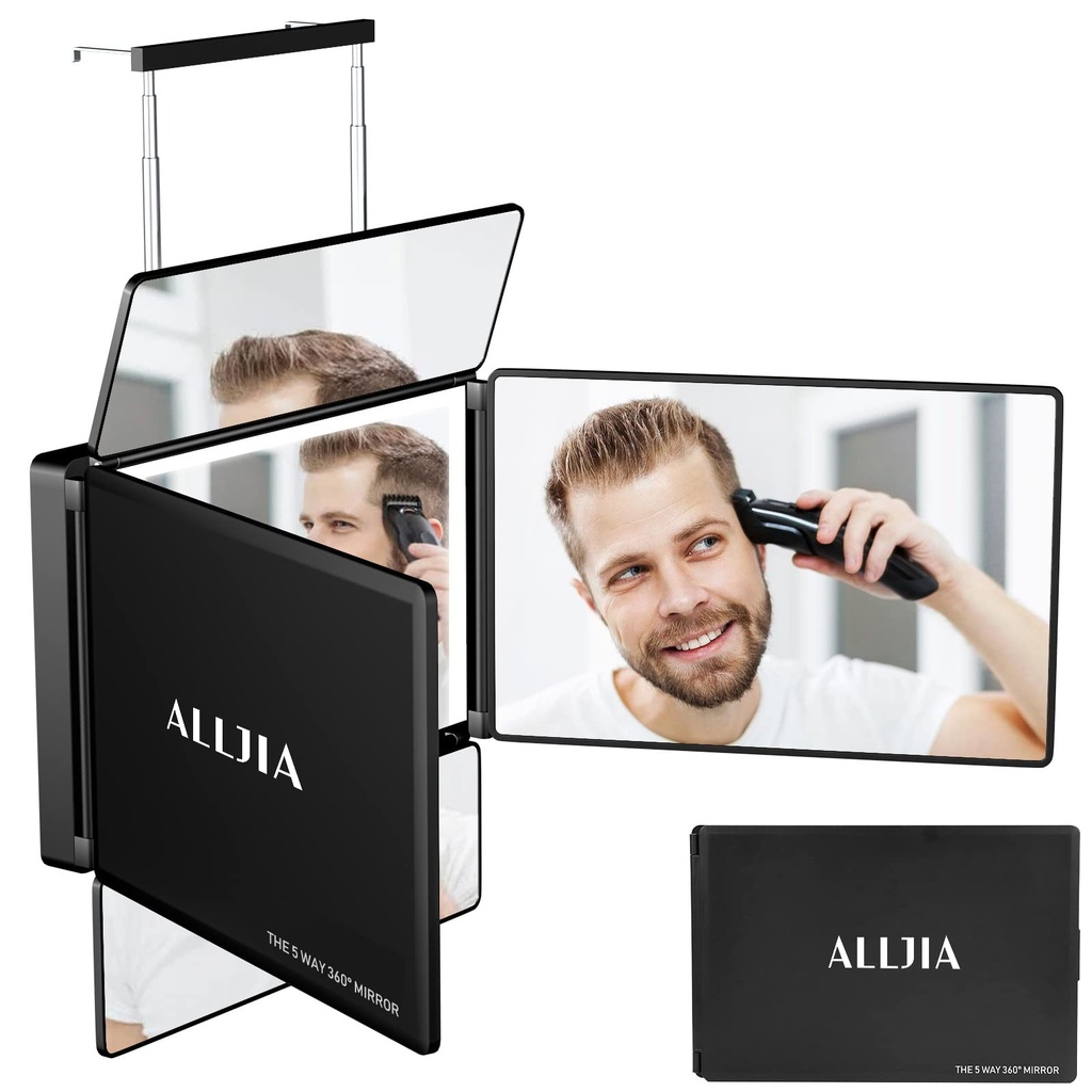 Alljia 5 Way Self Hair Cutting for Man - Adjustable Telescoping Hooks - Barber Light up Mirr