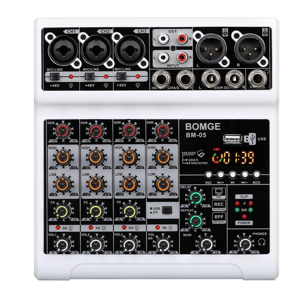 BOMGE Audio Mixer, Sound Board Mixing Console with 5 Channel Digital USB Bluetooth Echo