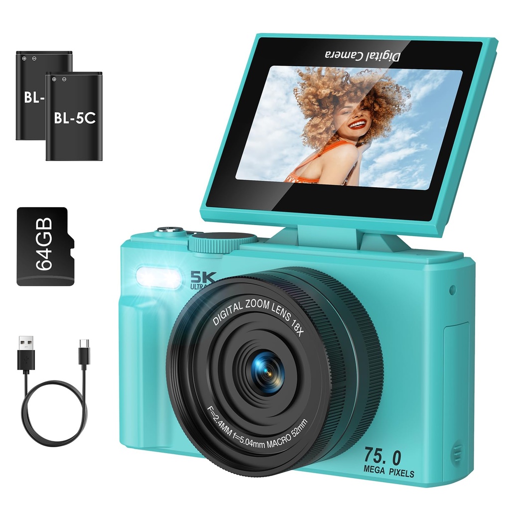SOPPY 5K Digital Camera with WiFi Transfer, 75MP Vlogging, 18X Zoom & 3" Flip Screen, Auto Focus
