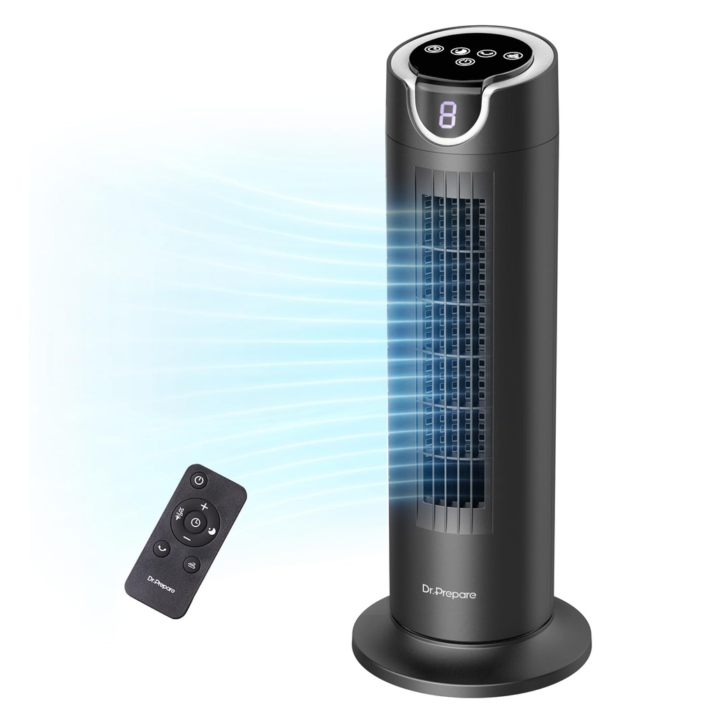 DR.PREPARE Tower Fan for Bedroom, 25 dB Quiet DC Bladeless Fan with Remote, 8 Speeds, 1-8H