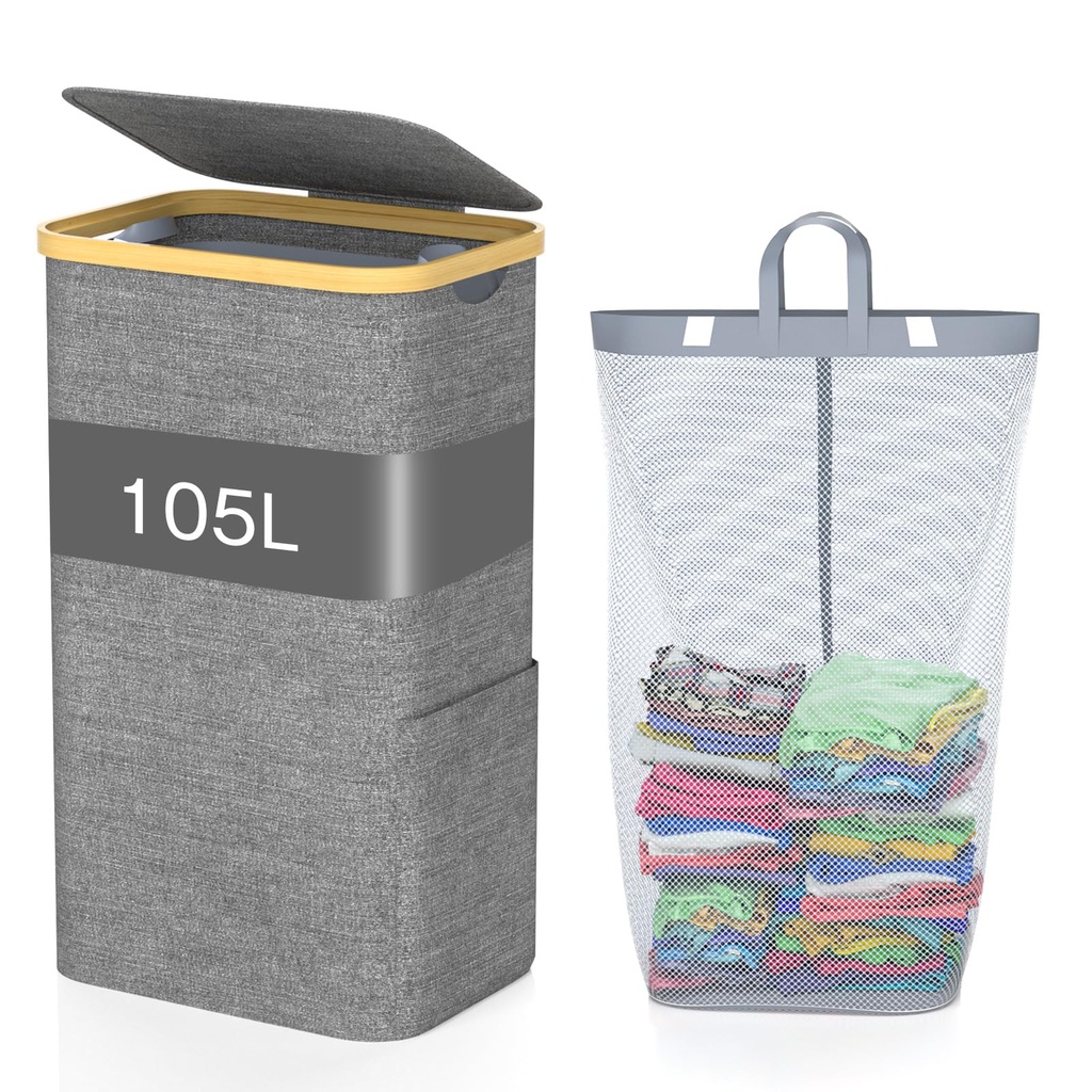 GLOWPOINT 105L Laundry Basket with Lid, Large Foldable Washing Basket with Removable Inner