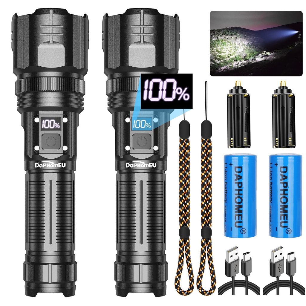 daphomeu Torch LED Super Bright Rechargeable 2 Pack, Flashlight 500000 Lumen Torches with Z