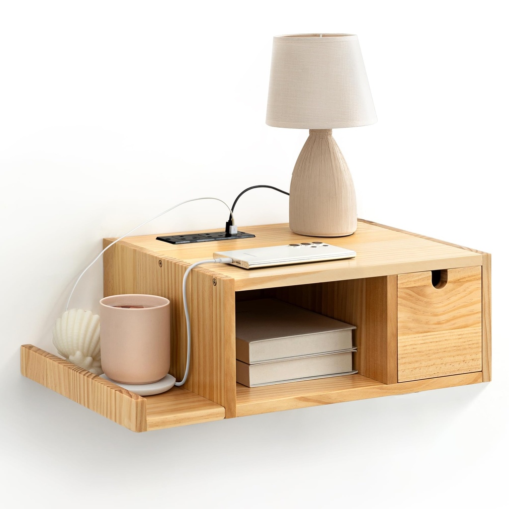 Afuly Floating Bedside Table with Charging Station, Modern Solid Wooden Nightstand with Dra