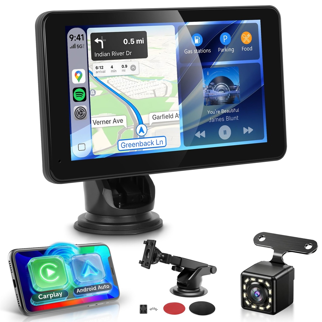 Rimoody 7 Inch Portable Wireless Car Stereo with Wireless CarPlay & Android Auto, Backup Ca