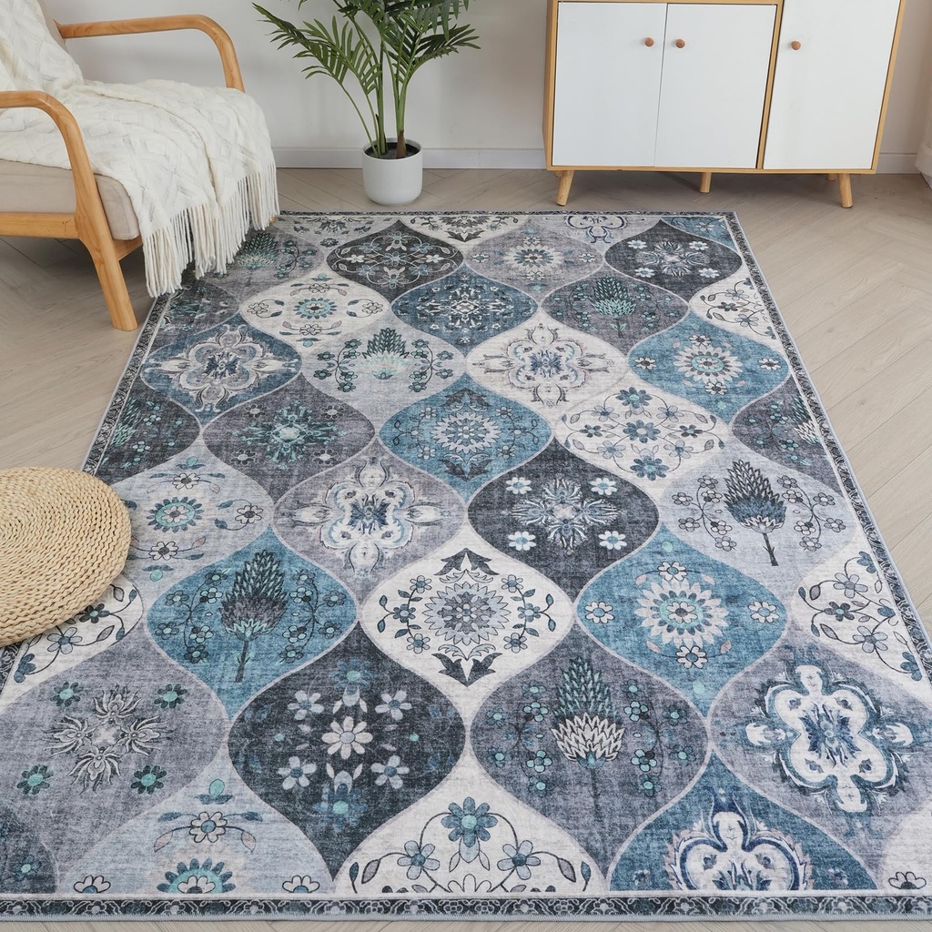 Xfrog Moroccan Trellis Area Rug, 200x300cm Washable Living Room Carpet, Retro Floral Non-Slip