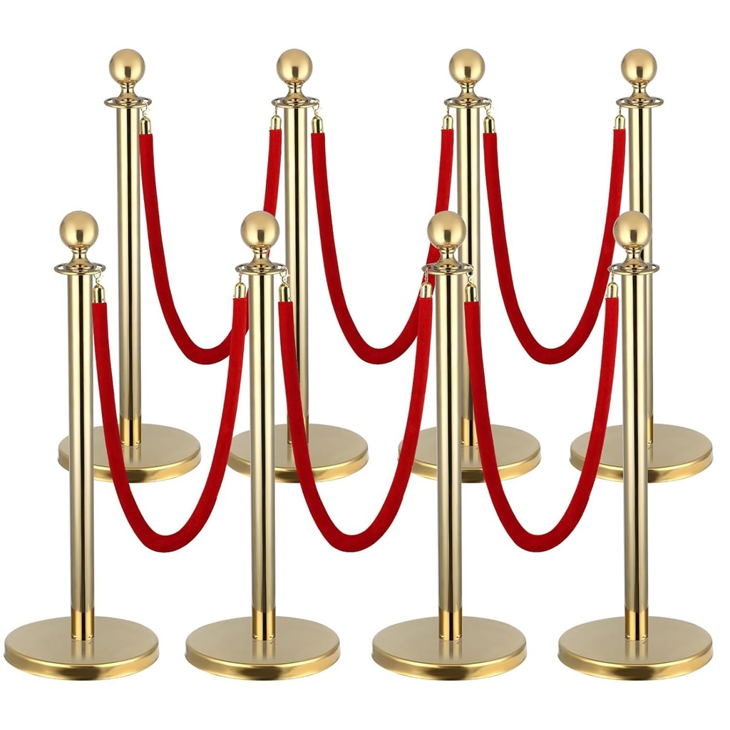 8 PACK Gold Stainless Steel Stanchion Post Queue 5 ft Red Velvet Ropes and Stanchion Poles