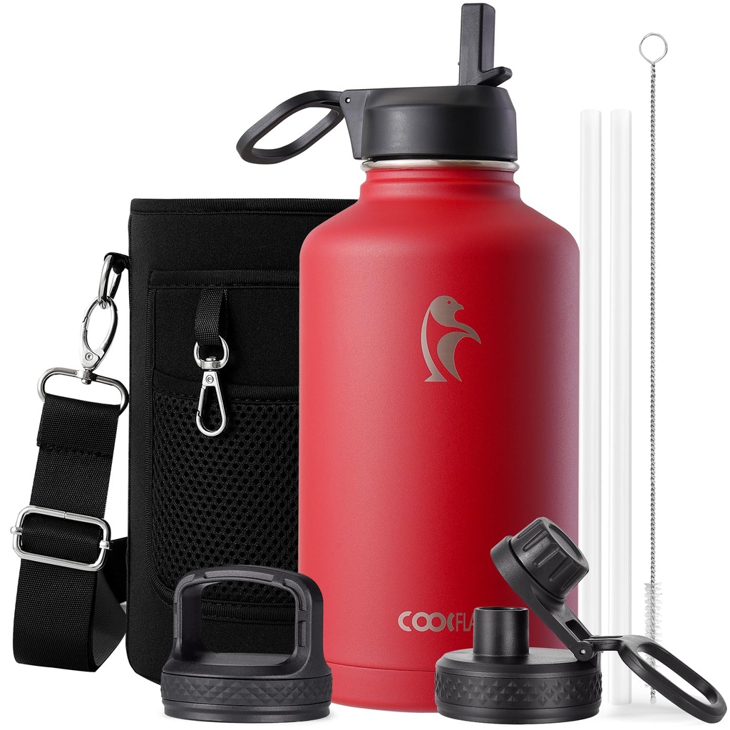 Coolflask Half Gallon Water Bottle Insulated with Straw & 3 Lids, 2L Water Jug Large Metal