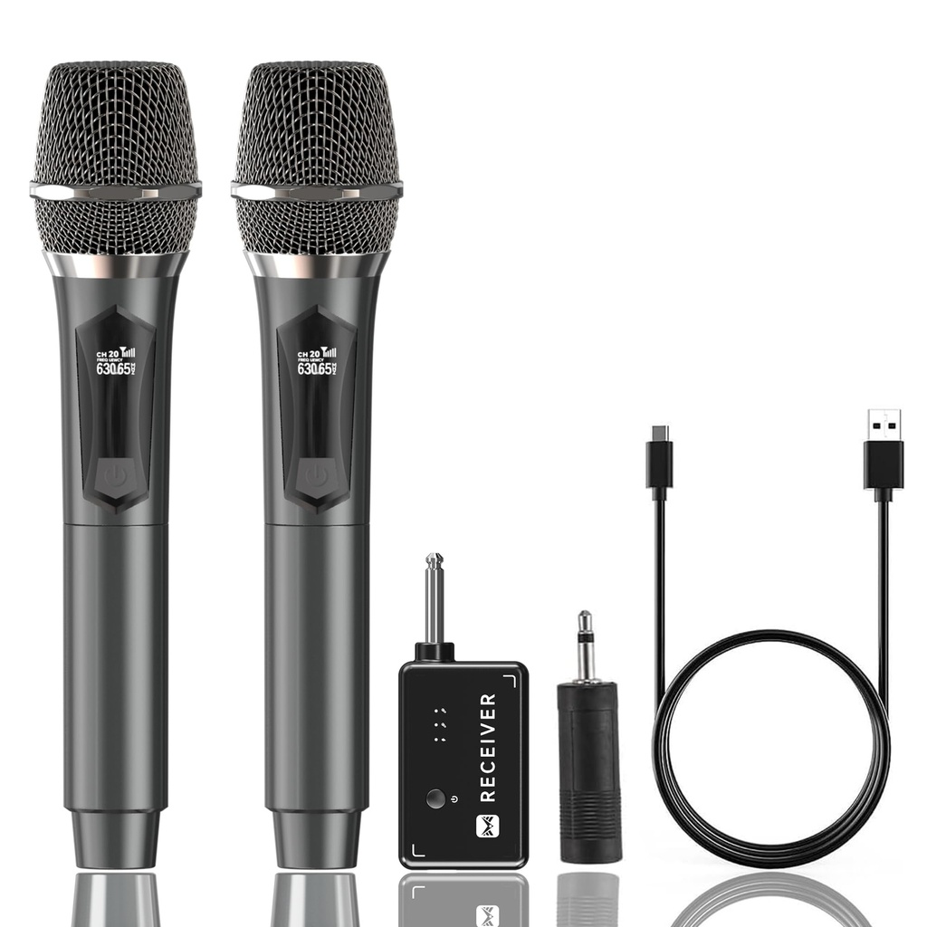 Microphone Wireless, Dual Handheld Cordless Microphone System with Rechargeable Receiver