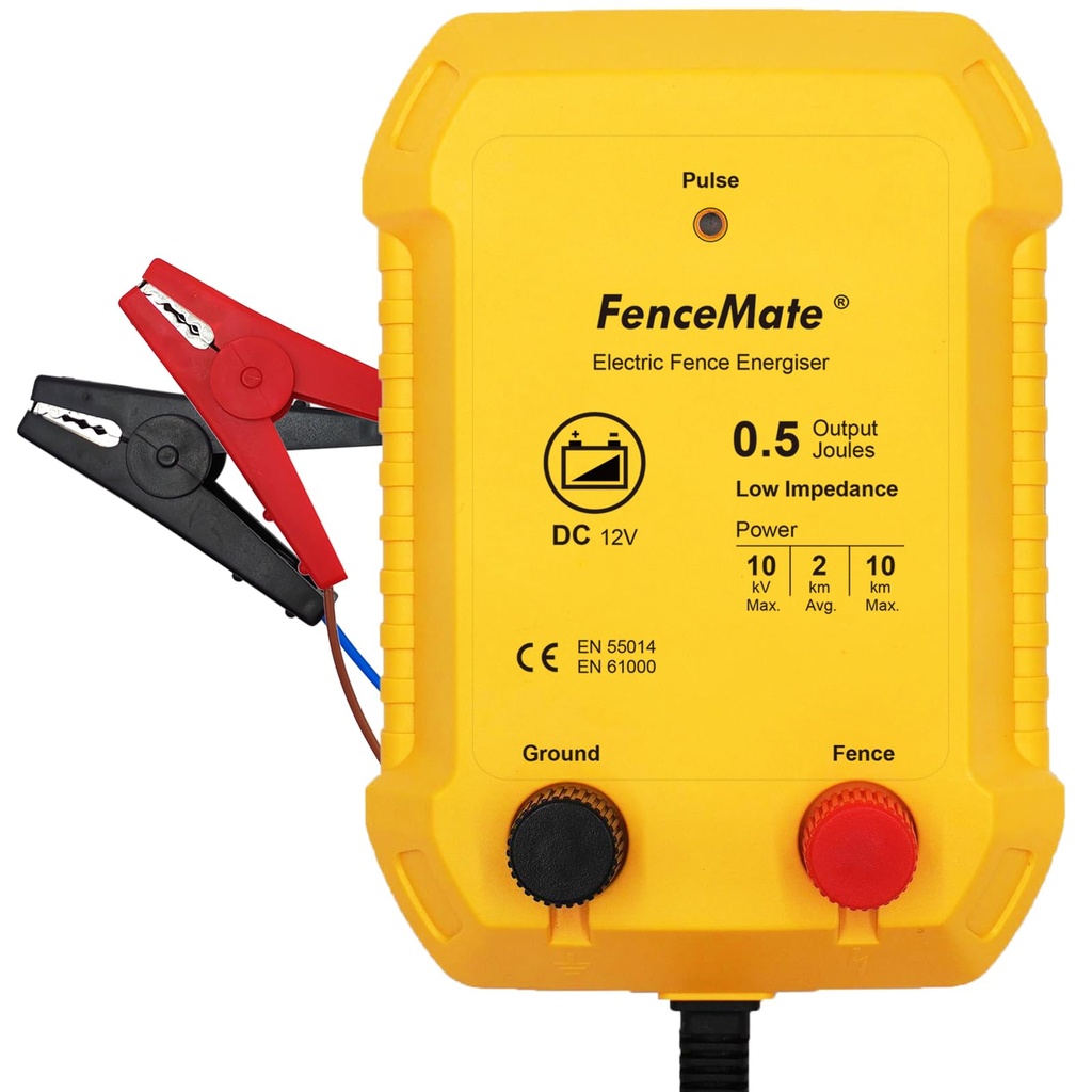 FenceMate 12V Output 0.5 Joule 10 km Range Electric Fence Energiser, Battery Powered Energi