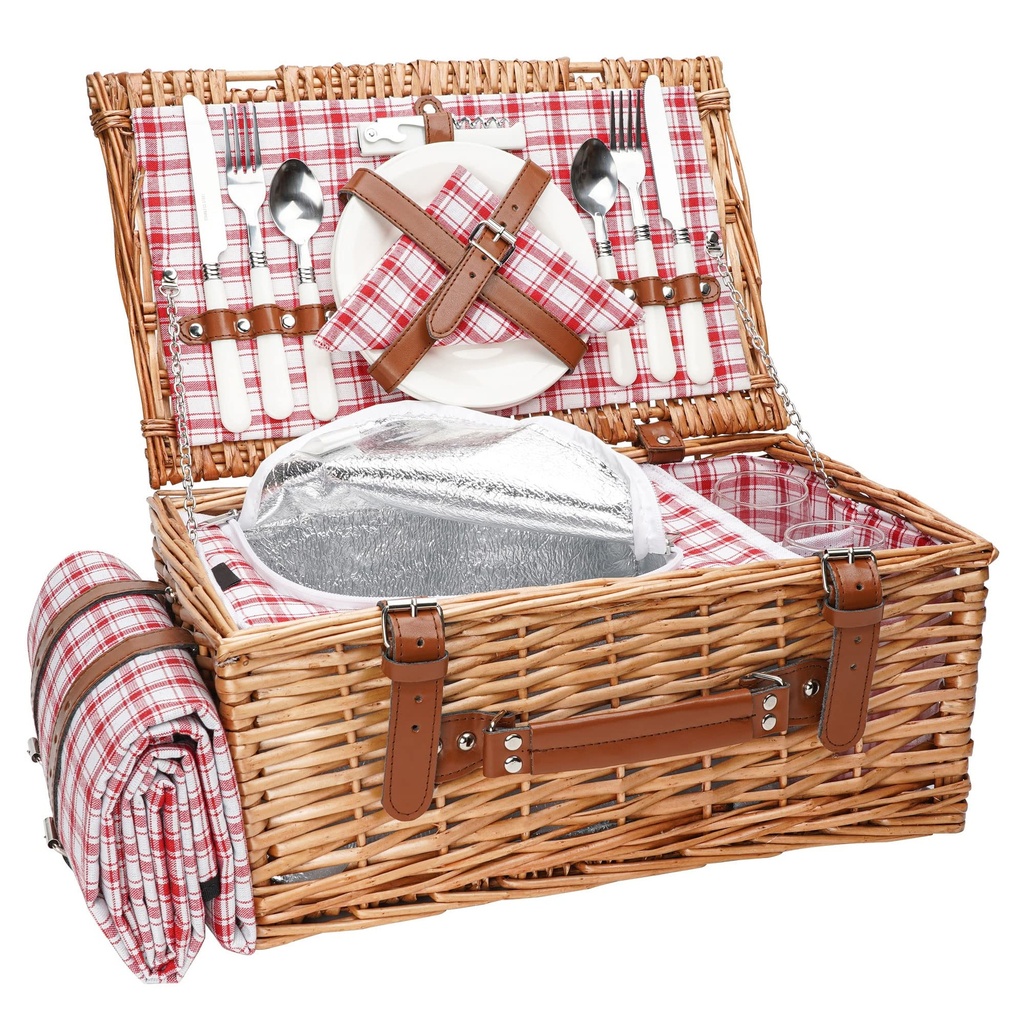 Wicker Picnic Basket Set for 2 Persons with Waterproof Picnic Blanket and Large Insulated C