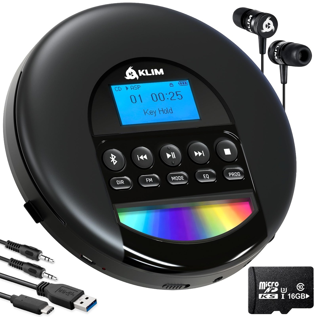 KLIM Nomad Portable CD Player with Long-Lasting Battery - with Headphones - Radio FM - Comp