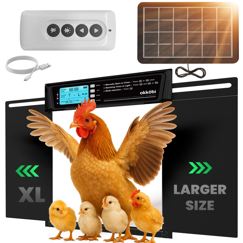Extra Large Automatic Chicken Coop Door Solar Powered with Remote Ã¢Â€Â“ LCD Display, Light