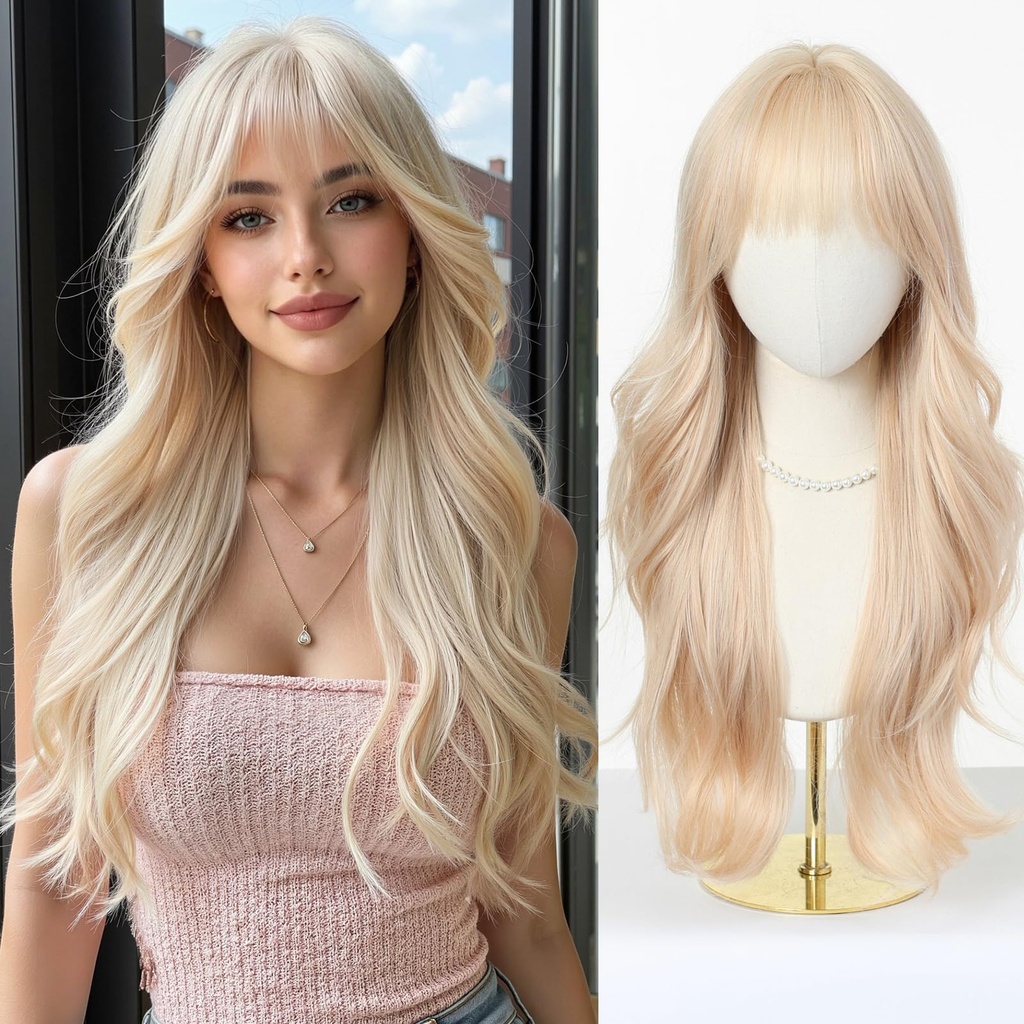 Esmee Long Wavy Blonde Wigs for Women with Fringe Natural Synthetic Hair Wig for Daily & Pa