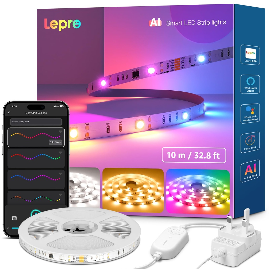 Lepro S2 AI Smart LED Strip Light 10M RGBW+IC, Works with Alexa, Google Assistant, Music Sy
