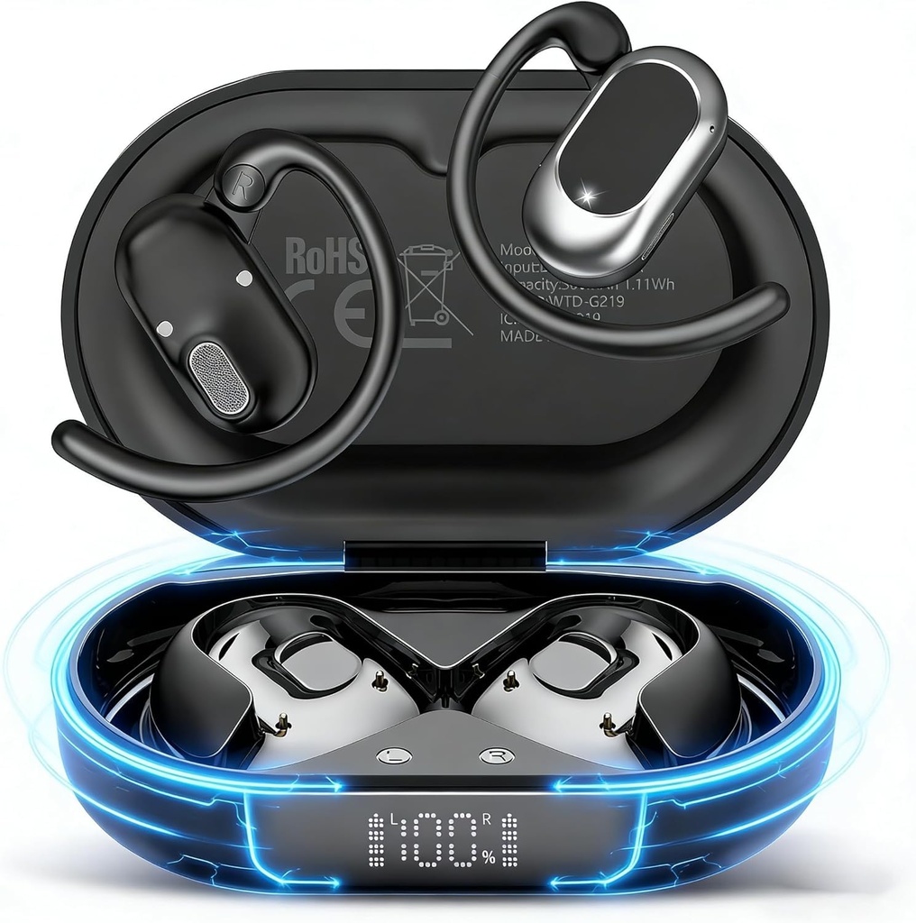 Open Ear Headphones, Hi-Fi Stereo Running Earphones with Adjustable Ear Hooks, IPX7 Waterproof