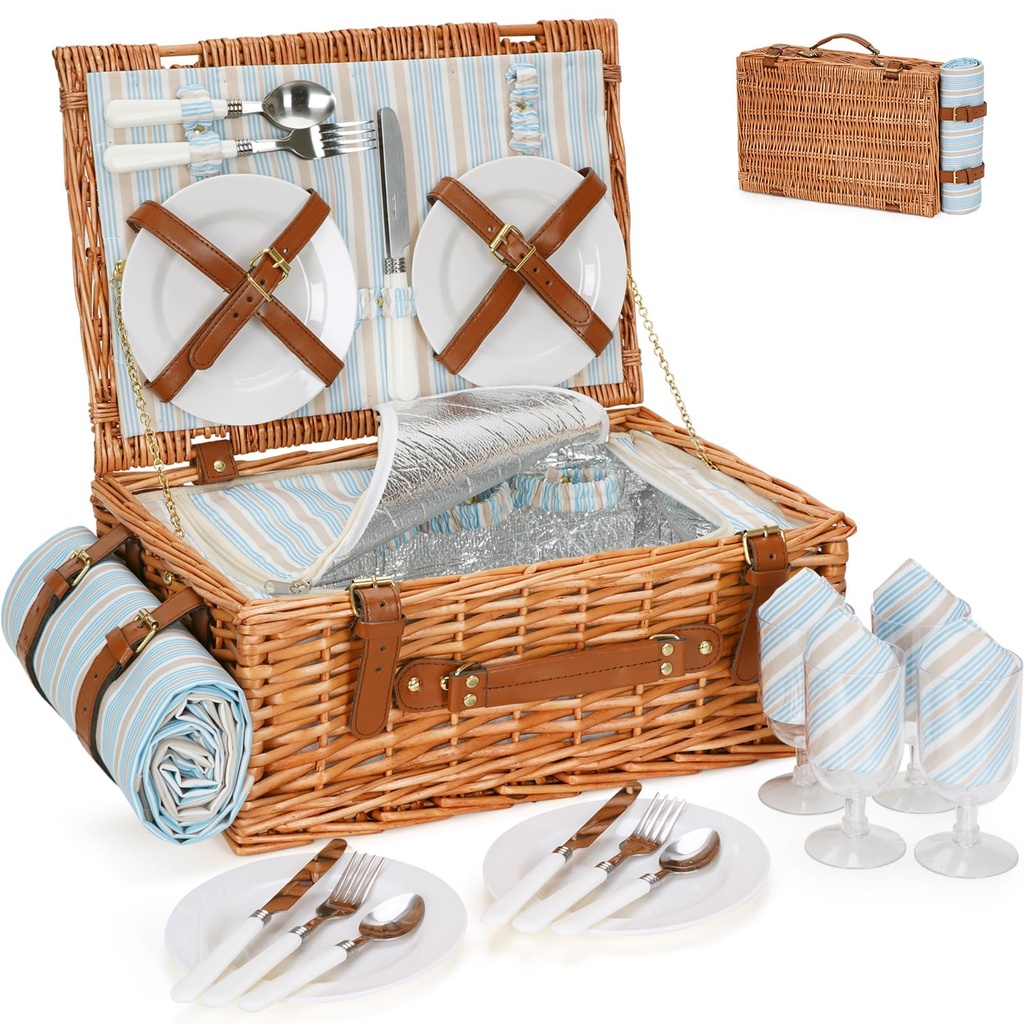 HappyPicnic Wicker Picnic Basket Set for 4 Persons - Large Willow Hamper with Large Insulate