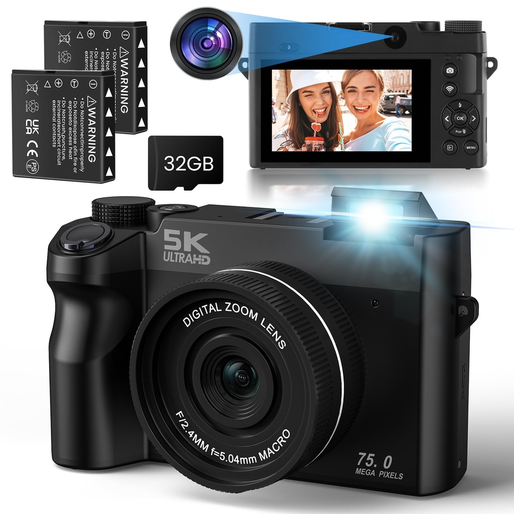 SOPPY 5K Digital Camera,75MP Upgraded Selfie Camera with WiFi Function for Youtube